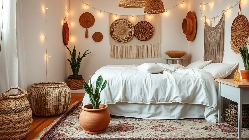 16 Dreamy Plant Lover Bedroom Ideas to Inspire Natural Decor 9 Boho bedroom with woven decor, string lights, and a small monstera plant.