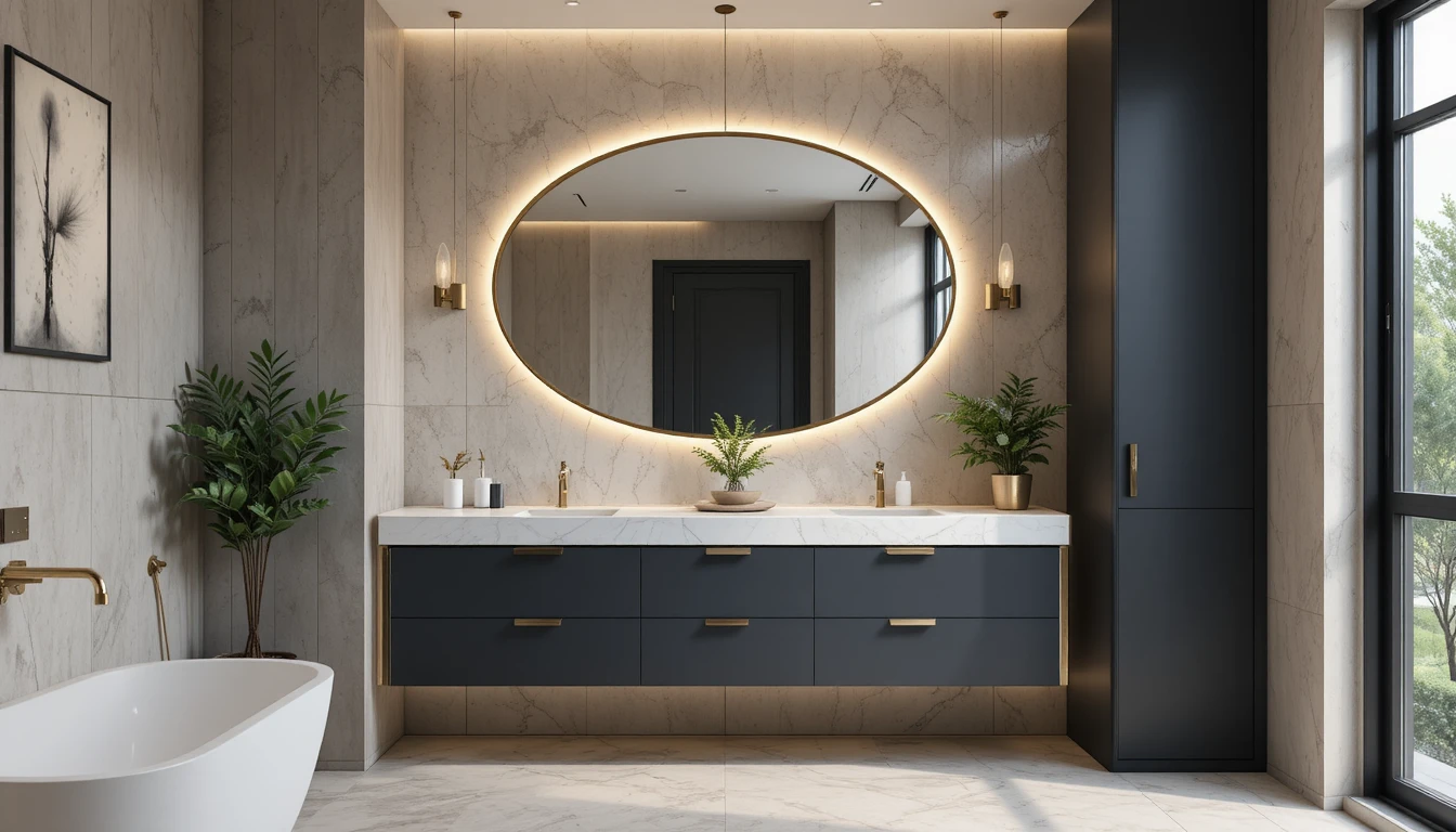 Modern apartment bathroom with bold vanity design, marble countertop, and gold accents.