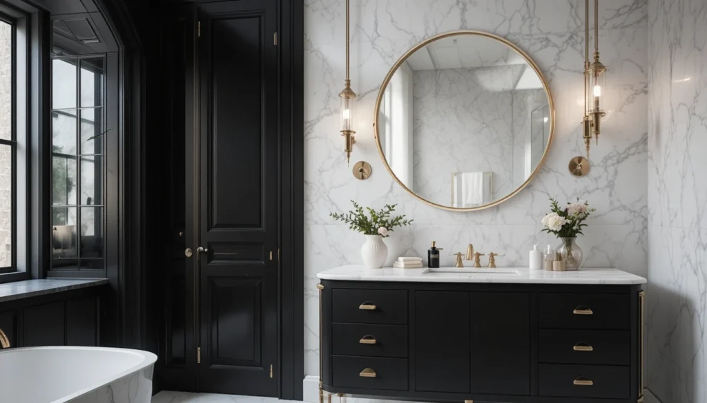16 Bold and Beautiful Bathroom Vanity Ideas for Apartments 4 Black vanity with gold accents and marble backdrop in luxurious apartment bathroom.
