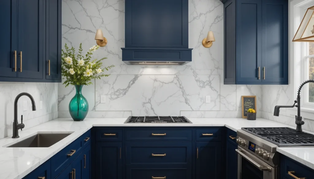 Modern Kitchen Design for Stylish Functional Living 7 Navy modern kitchen with gold handles and white marble countertops accented with emerald-green décor.