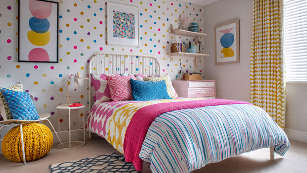 16 Whimsical Kids Room Ideas to Brighten Your Home Decor 12 Kids room with striped bedding, polka dot walls, and geometric cushions.