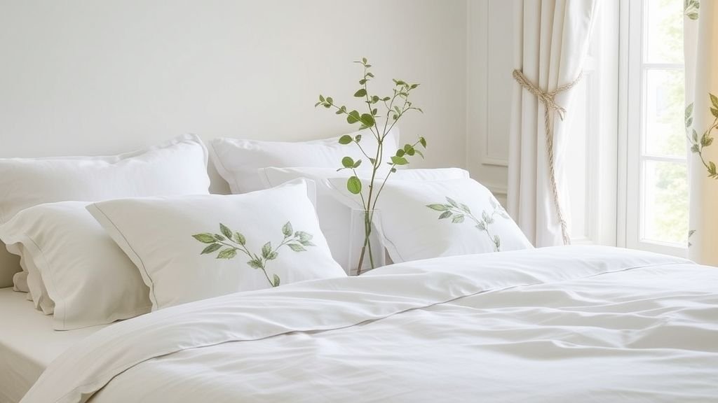 16 Dreamy Plant Lover Bedroom Ideas to Inspire Natural Decor 12 Bedroom with botanical print pillows, white bedding, and a vase with greenery.