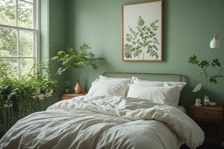 Plant Lover Bedroom Ideas: Bring Nature Into Your Sleep Sanctuary 6 Bedroom with sage green walls, white bedding, and botanical wall art surrounded by plants.