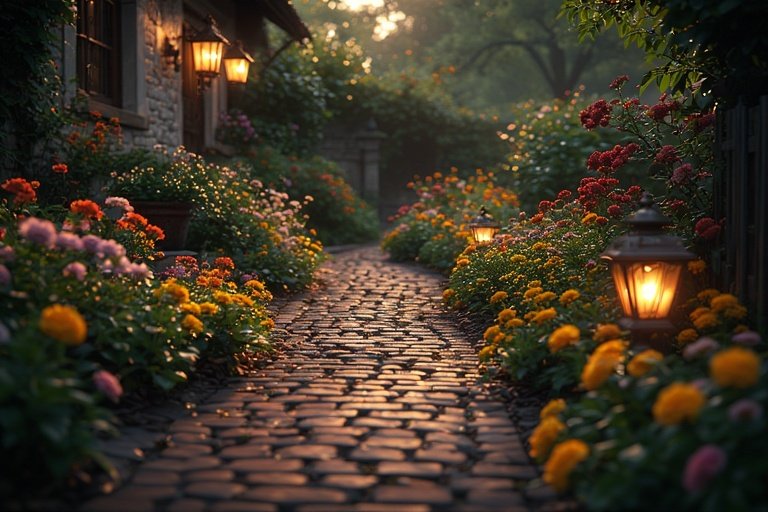 16 Timeless Cottage Decor Ideas to Warm Up Your Space 4 Brick garden path lined with flowers and vintage lanterns leading to a cottage.