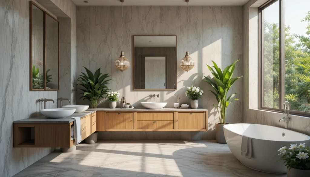 Luxury Bathroom & Shower Design Ideas 10 Bathroom design combining natural wood, plants, and stone for an organic luxury feel.
