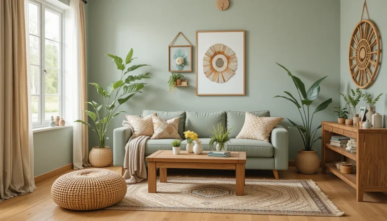 Budget-friendly living room with terracotta and sage green tones, rattan decor, and cozy DIY furniture.