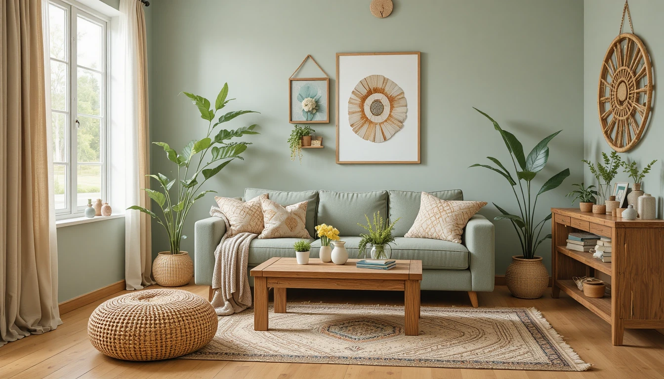 Budget-friendly living room with terracotta and sage green tones, rattan decor, and cozy DIY furniture.