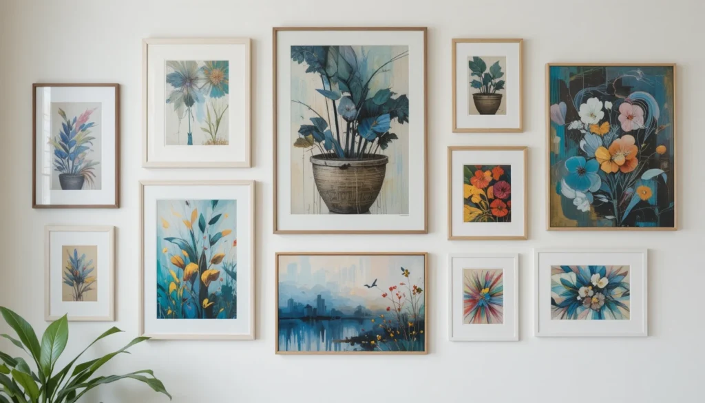 16 Affordable Cozy Home Decor for Modern Interiors 9 Modern living room wall with affordable framed abstract art prints.