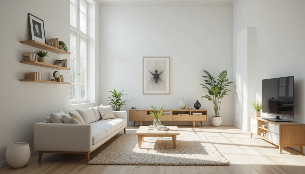 16 Budget-Friendly Living Room Makeover Ideas 2 Minimalist living room with white walls, natural wood furniture, and clean decor.