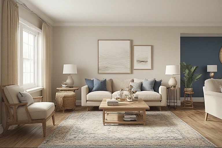 16 Budget-Friendly Living Room Makeover Ideas 3 Living room with beige walls, navy accent wall, and modern light wood furniture.