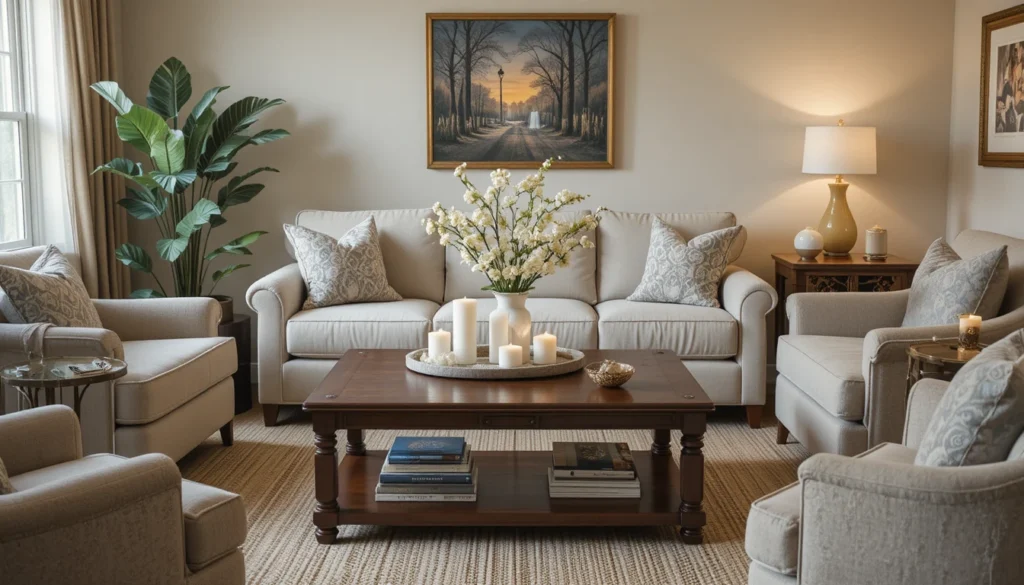 16 Budget-Friendly Living Room Makeover Ideas 14 Cozy living room with coffee table as a decorative focal point.