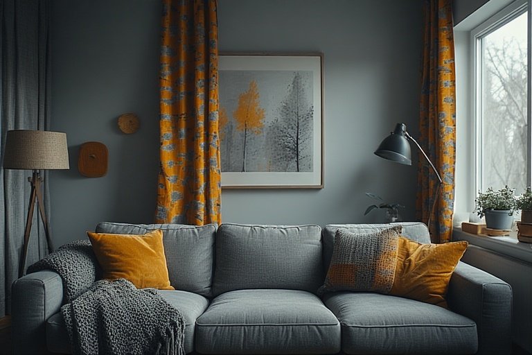 16 Budget-Friendly Living Room Makeover Ideas 6 Living room with mustard and gray pillows, patterned curtains, and cozy fabrics.