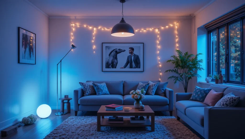 16 Budget-Friendly Living Room Makeover Ideas 5 Cozy living room with layered lighting including string lights and pendant lamp.