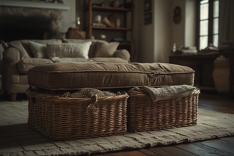 16 Budget-Friendly Living Room Makeover Ideas 15 Living room with decorative baskets and ottoman storage in neutral tones.
