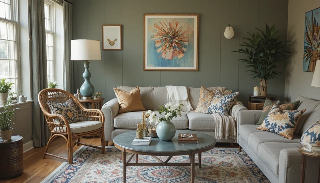 16 Budget-Friendly Living Room Makeover Ideas 11 Living room with thrifted vintage furniture mixed with modern home decor.