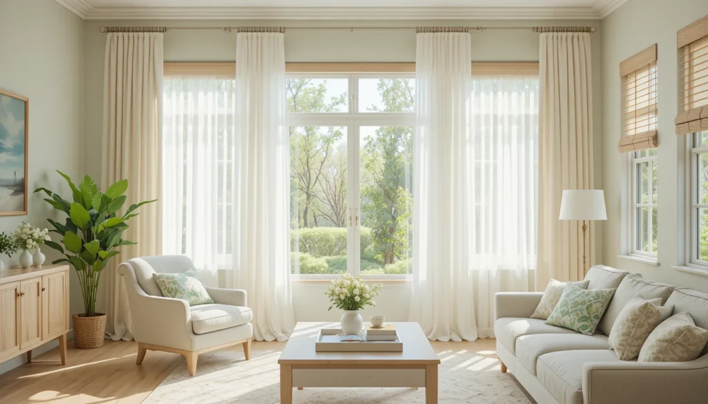 16 Budget-Friendly Living Room Makeover Ideas 17 Bright living room with sheer curtains and mint accents for a fresh look.