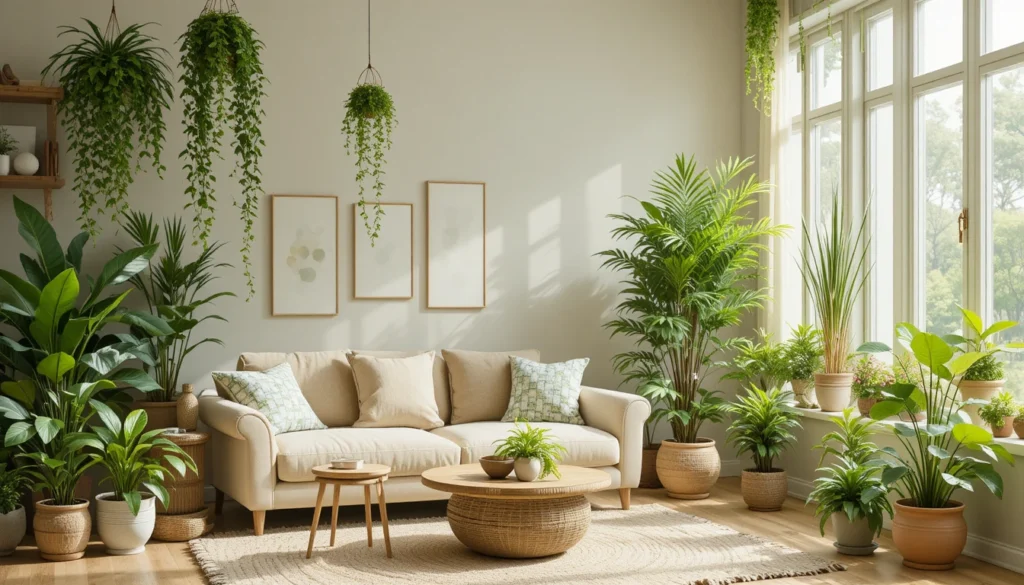 16 Budget-Friendly Living Room Makeover Ideas 8 Cozy living room with indoor plants adding natural warmth and freshness.