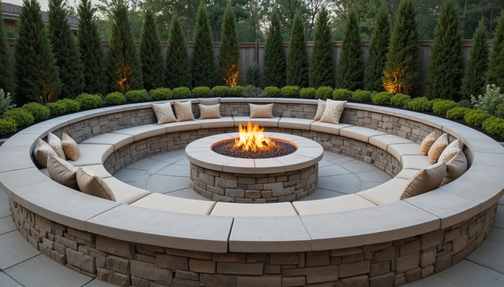 A circular fire pit with built-in seating and soft cushions in a landscaped backyard.
