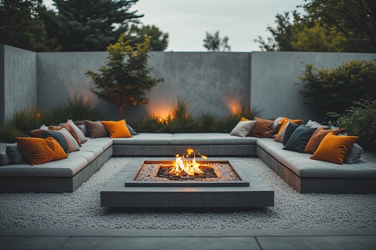 Cozy Patio Fire Pit Ideas for a Warm Outdoor Space 7 Concrete bench and fire pit with cushions on modern patio.