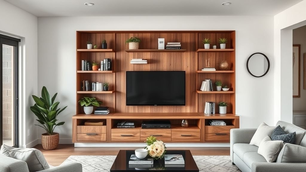 A modern living room TV wall with integrated shelves and cabinetry for stylish storage.