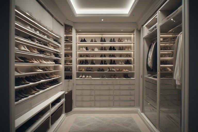 Shoe Storage Ideas for a Stylish and Organized Home 8 Walk-in closet with built-in illuminated shoe wall and modern shelving.
