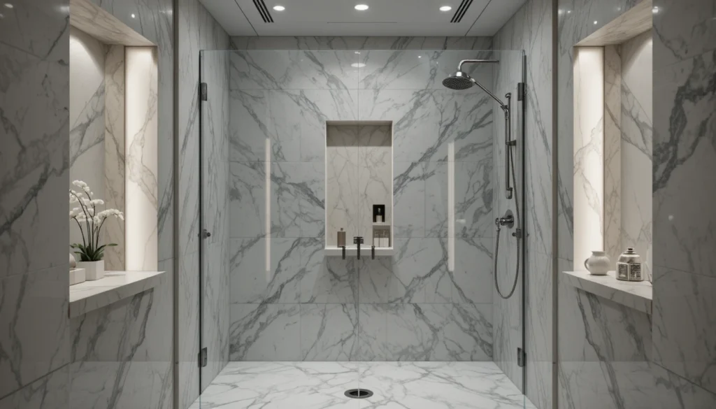 Luxury Bathroom & Shower Design Ideas 11 Built-in shower niches with LED lighting and marble walls in a luxury bathroom.