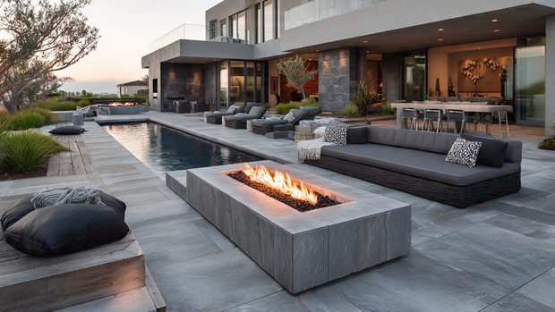 16 Cozy and Modern Backyard Fire Pit Ideas 7 Built-in rectangular fire pit on a modern stone patio with outdoor seating.