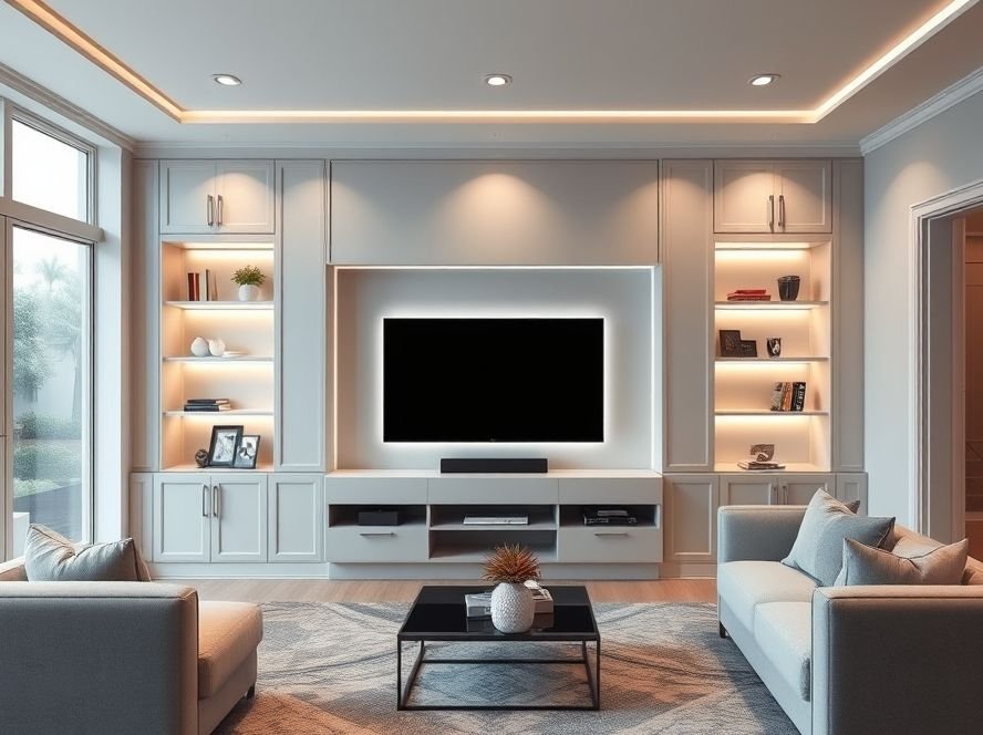Modern Living Room TV Wall Ideas 3 Built-in TV wall units for a polished look with recessed shelves and LED lighting.