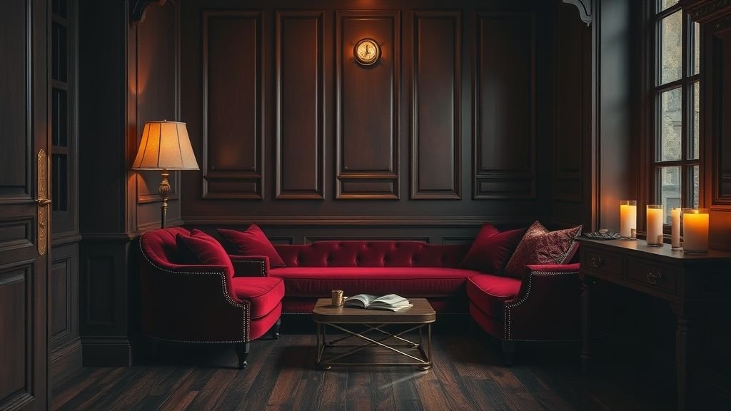 Cozy Reading Nook Ideas for a Peaceful Escape 12 Luxurious reading nook with burgundy chair and gold lighting.