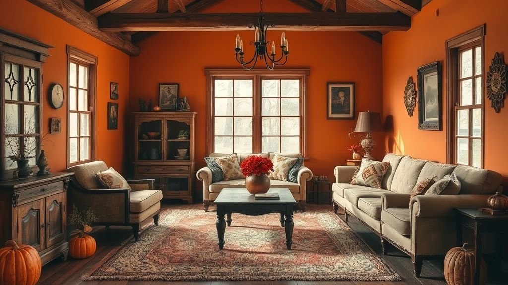 Home Decor Ideas for a Stylish and Inviting Space 14 Burnt orange living space with rustic wood furniture and soft textiles for cozy charm.