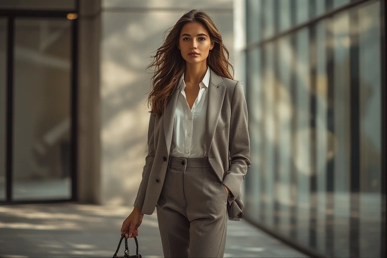 A stylish 2025 business casual outfit featuring a blazer, blouse, and tailored pants in a modern city setting, blending professionalism with everyday comfort.