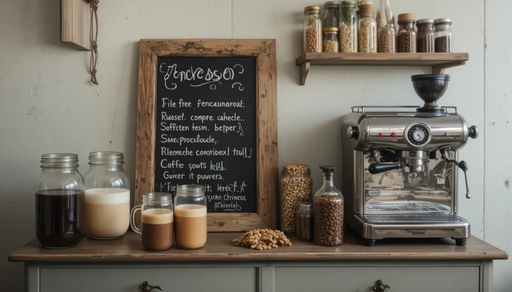 Coffee Bar Ideas for a Stylish and Cozy Home Setup 8 Coffee bar with chalkboard menu and vintage espresso machine.