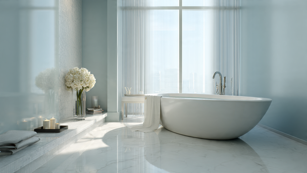 16 Luxurious Bathroom Design Ideas for a Spa-Like Retreat 1 Spa-inspired bathroom in ivory and pale blue tones with a serene, minimalist design.