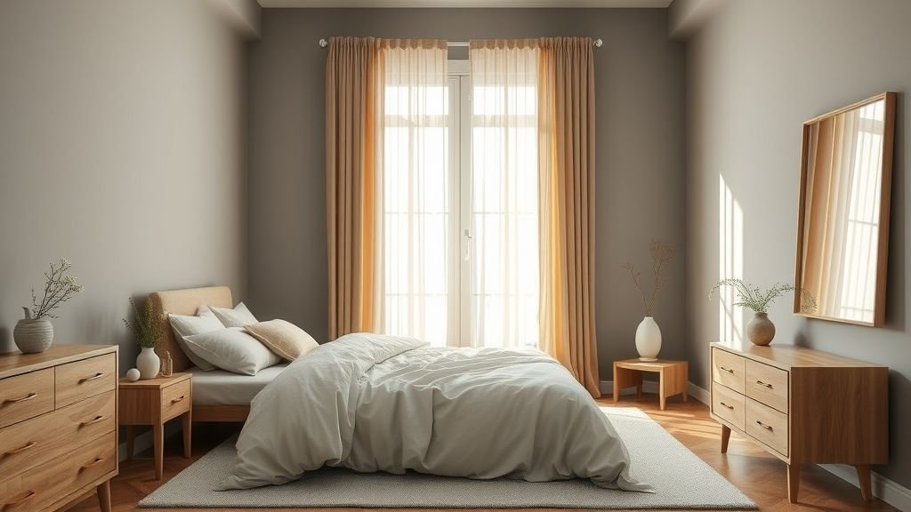 Modern Bedroom Ideas for a Dreamy Space 2 Peaceful bedroom with pastel tones, beige bedding, and soft natural light for a relaxing ambiance.