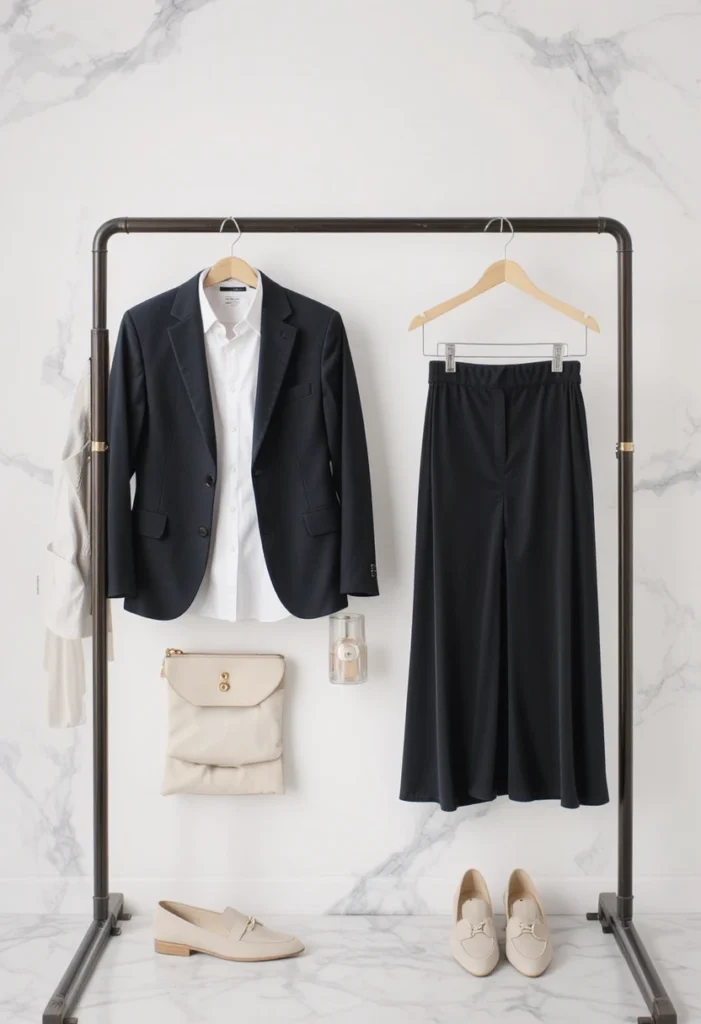 Business Basual Outfits 10 A neatly arranged flat lay of business casual staples including a blazer, white shirt, trousers, and loafers, representing the 2025 “Capsule Wardrobe Essentials” trend.