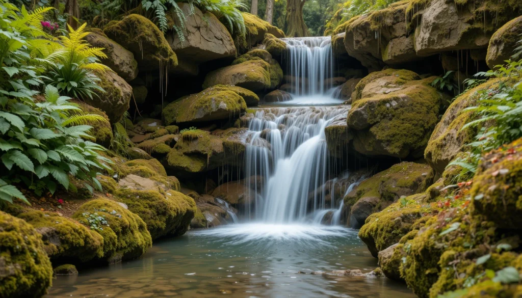 Backyard Water Features for a Serene Outdoor Escape 5 Backyard rock waterfall surrounded by mossy stones, ferns, and colorful flowers.