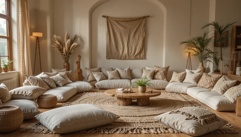 16 Stylish Ideas for Decorating with Comfy Floor Cushions 2 Relaxed boho-style living room with oversized beige floor cushions and cozy decor.