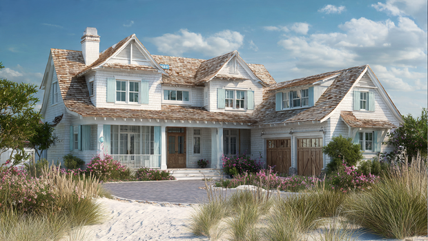 Classic beach house with cedar shingles and blue shutters in a coastal setting.