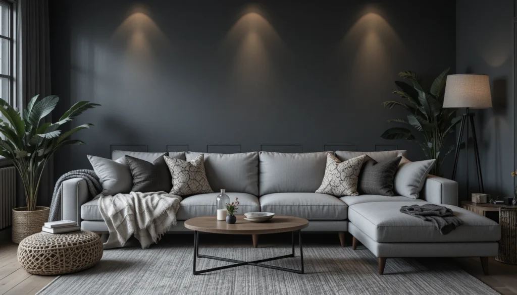 Cozy Home Interiors for Comfort and Timeless Charm 7 A cozy interior in charcoal gray tones with textured fabrics and warm ambient lighting.