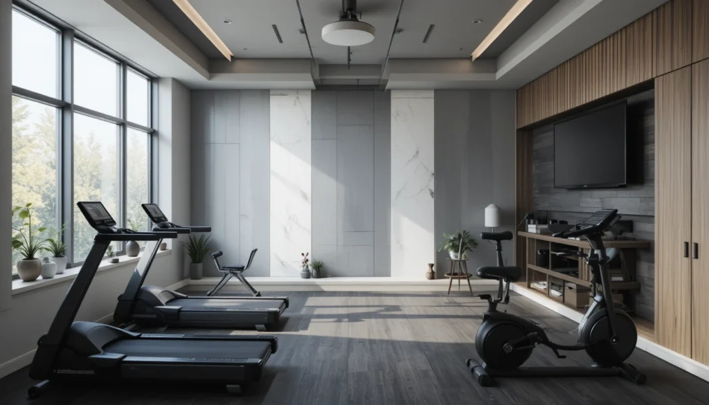 Gym Decor Ideas for Home 6 Home gym with a modern, consistent color palette in gray, white, and wood tones.
