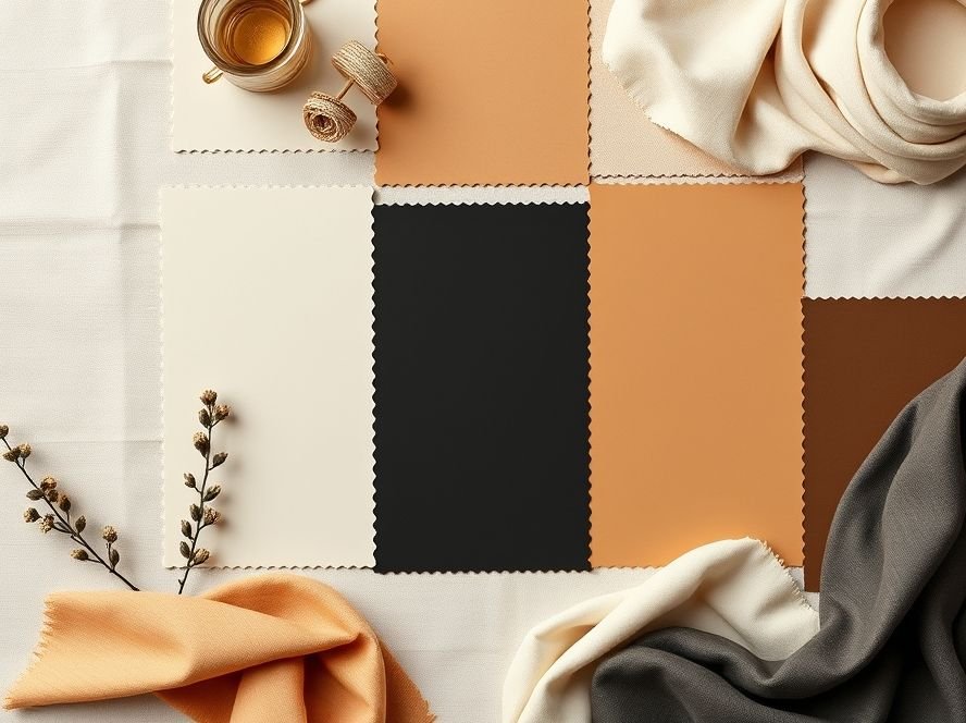 Luxury & Modern Home Decor: Elevate Your Space with Timeless Elegance 4 Modern luxury color palette with neutrals, gold, black, and cream fabric samples.