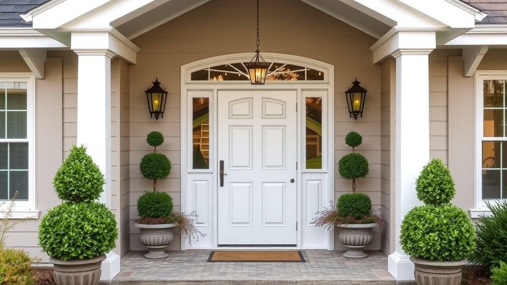 Classic home entryway with white trim, lantern lights, and potted greenery.