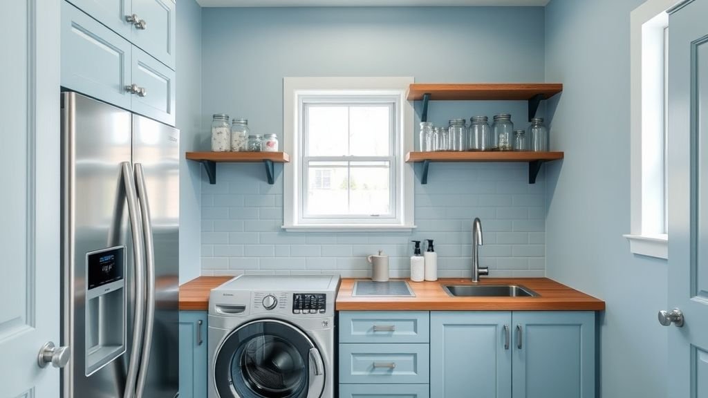 Laundry Room Ideas for Organized and Stylish Living 3 Airy laundry space with blue tones, wooden countertop, and organized shelves.