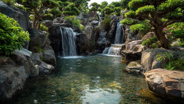 16 Natural Stone Waterfall for Hillside Beauty and Relaxation 16 Clear water flowing over clean stones in a maintained hillside waterfall.