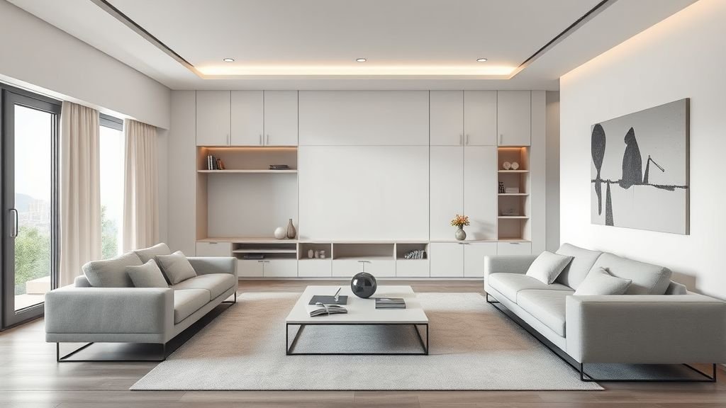 Modern Living Room Ideas 14 Simple minimalist living room with hidden storage and clutter-free modern design.