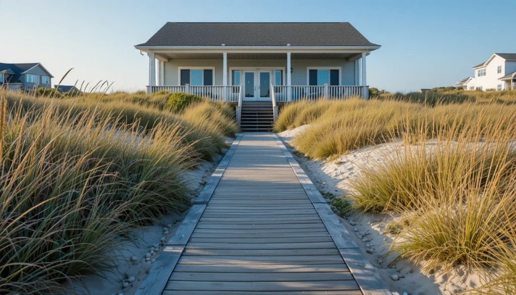 Coastal home with a wooden walkway leading through dunes to the entrance.