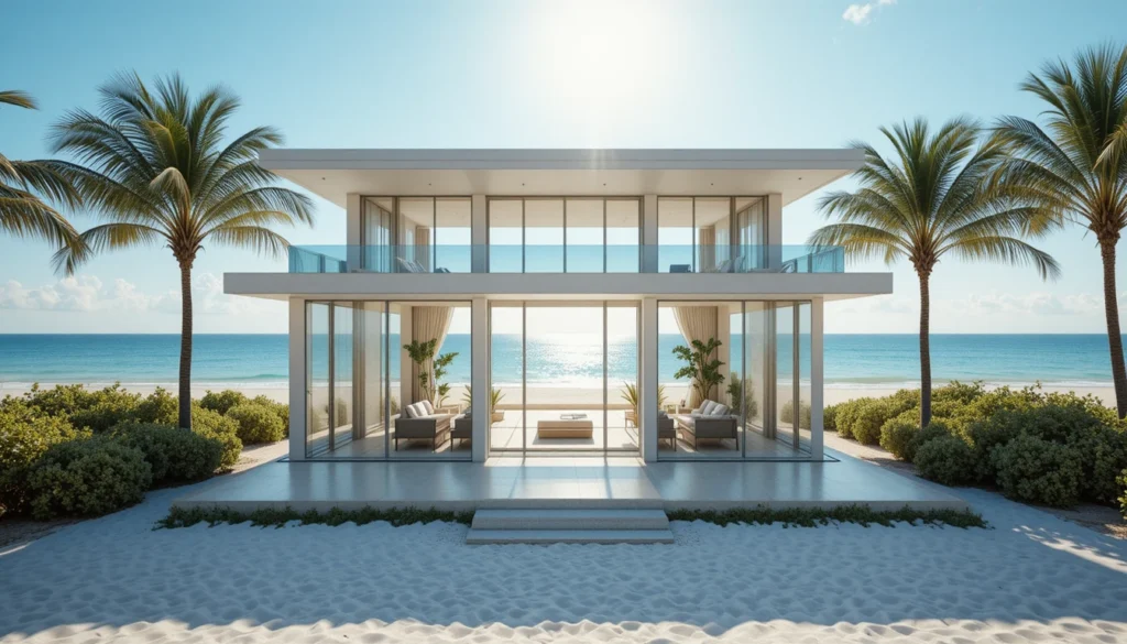 Seaside home with expansive glass windows bringing in sunlight and ocean views.