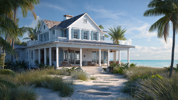 Elegant coastal house exterior with white siding, blue shutters, wraparound porch, and ocean backdrop under bright sunlight.