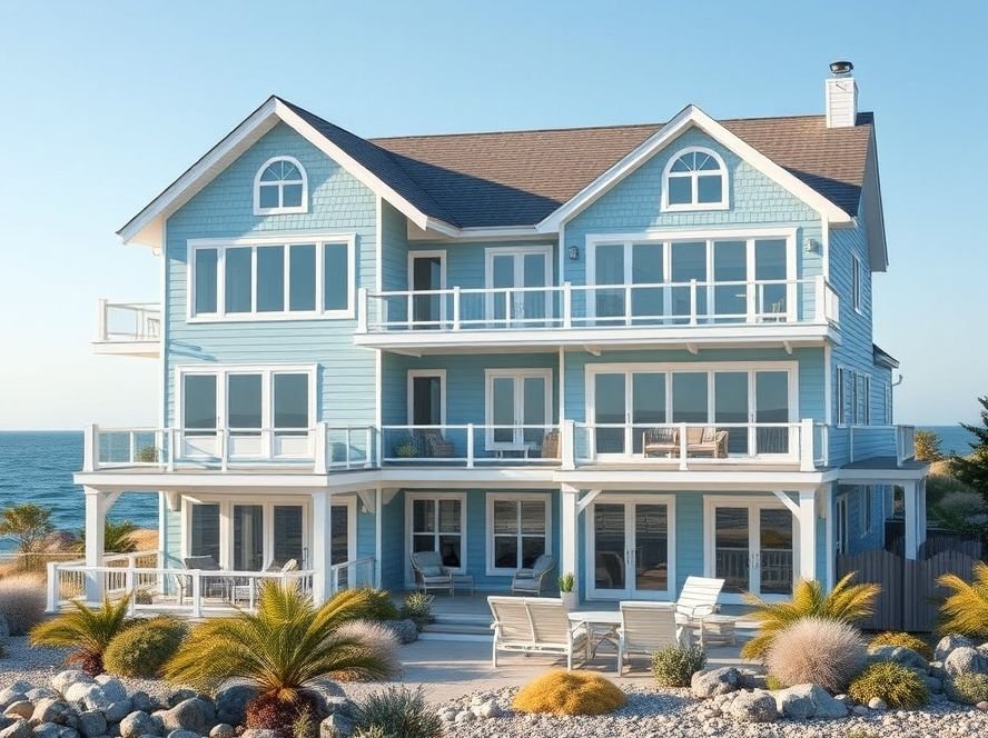 House Designs Exterior: Inspiring Ideas for a Beautiful Home Facade 7 Coastal house exterior with blue-white palette and beach-style architectural elements.