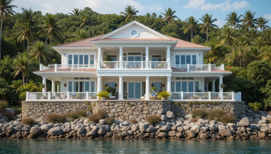 Coastal villa featuring stone details and tropical landscaping by the ocean.